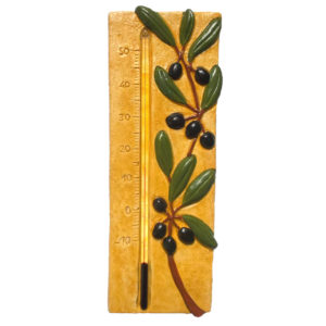 Thermomètre provençal avec des olives sur fond jaune