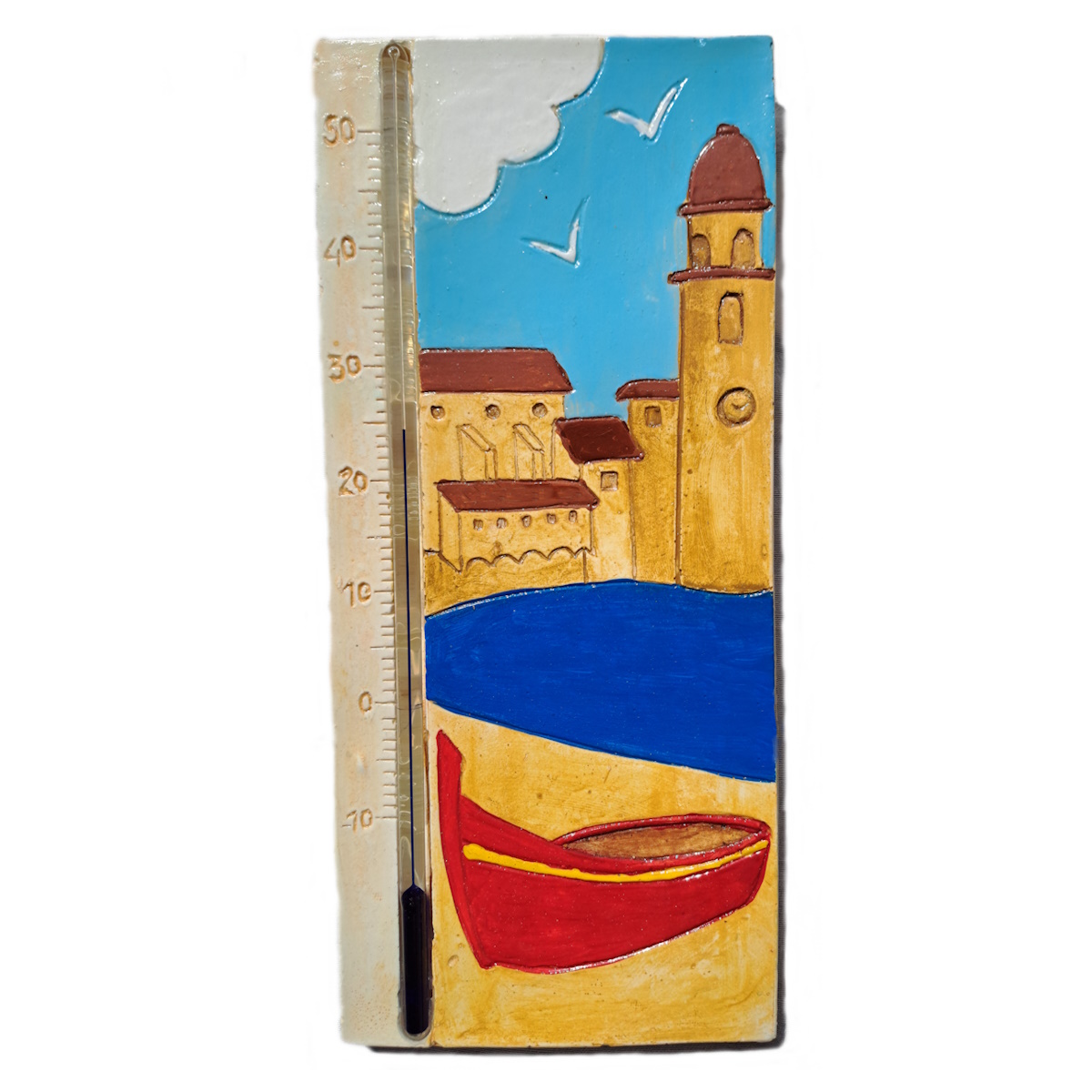 Thermomètre décor marin avec barque rouge et village en arrière plan