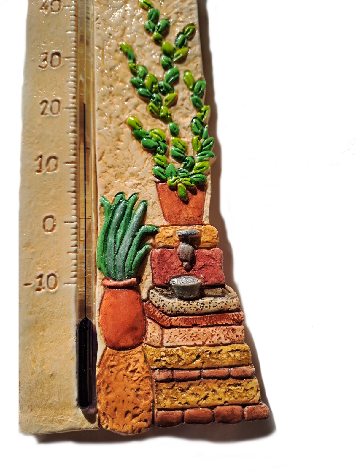 thermomètre décoratif méditerranée détail et gros plan de l aloès et de la vasque en pierre thermomètre décoratif méditerranée détail et gros plan de l aloès et de la vasque en pierre