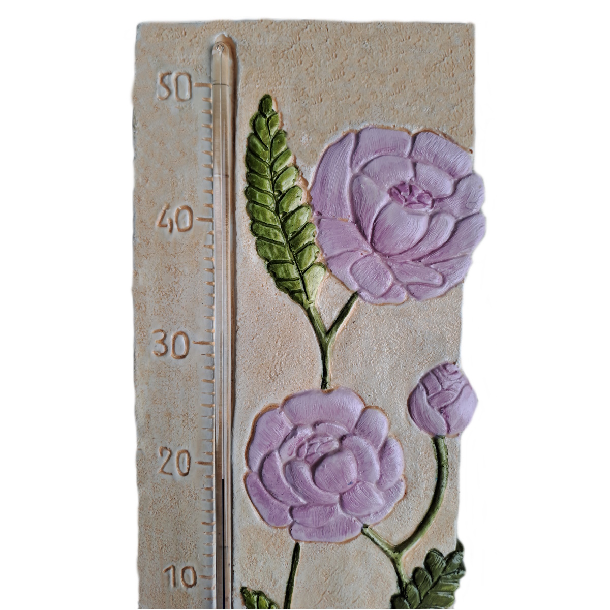 Grand thermomètre extérieur pivoine mauve, gros plan des fleurs